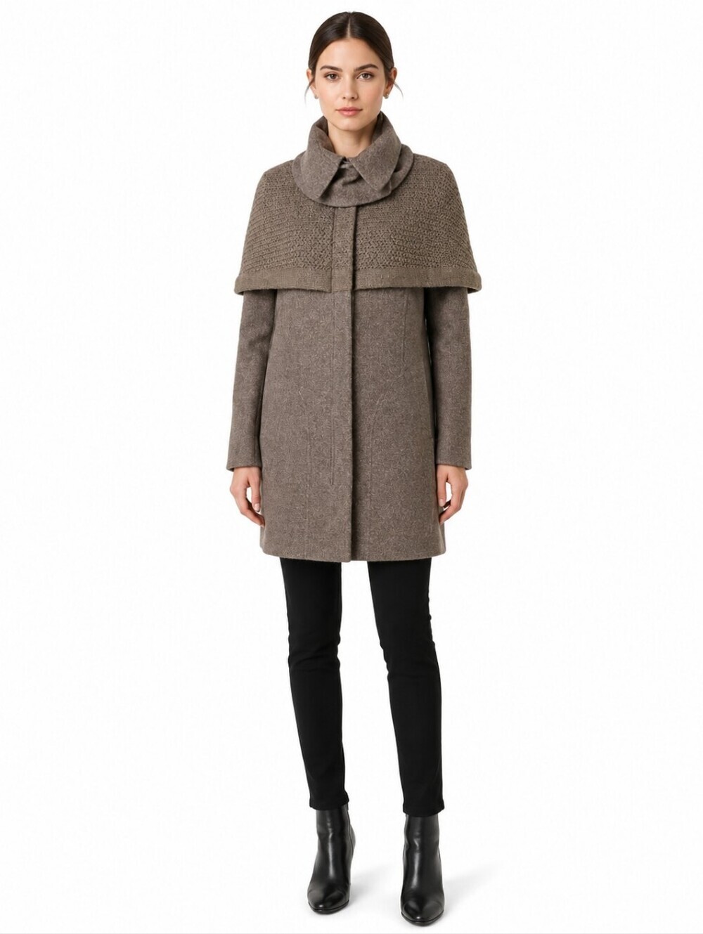 Hanii Y Wool Cape Coat Size 38 S Brown Detachable Knit Cape Funnel Collar